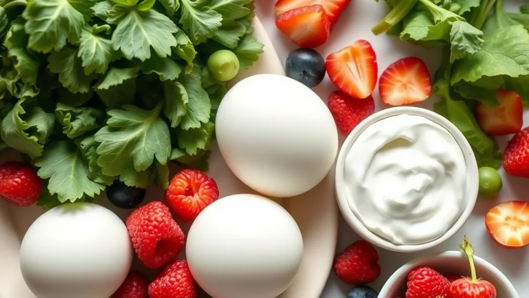 Fresh ingredients for a week of meals laid out on a kitchen counter: eggs, leafy greens, berries and yogurt