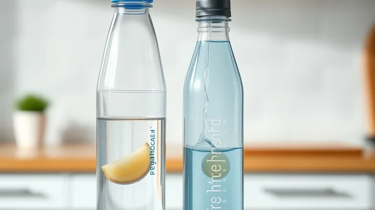 A glass of water being poured beside a reusable water bottle on a kitchen counter