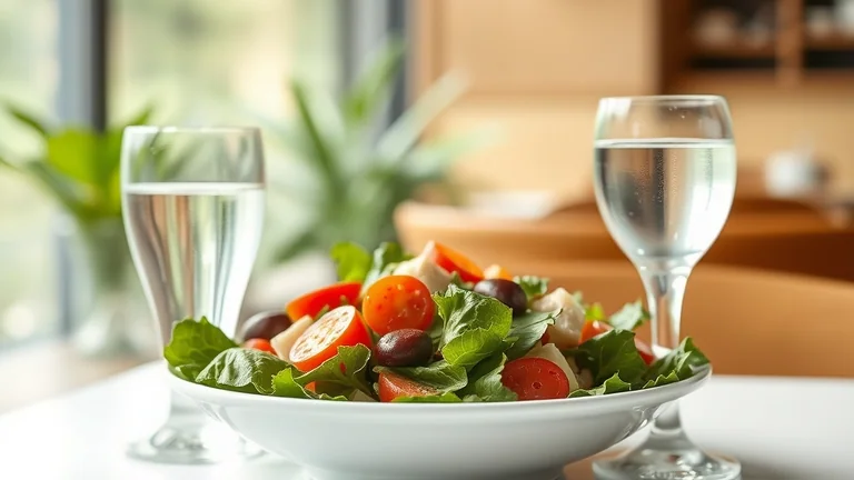 A restaurant table with a fresh salad plate and a glass of water